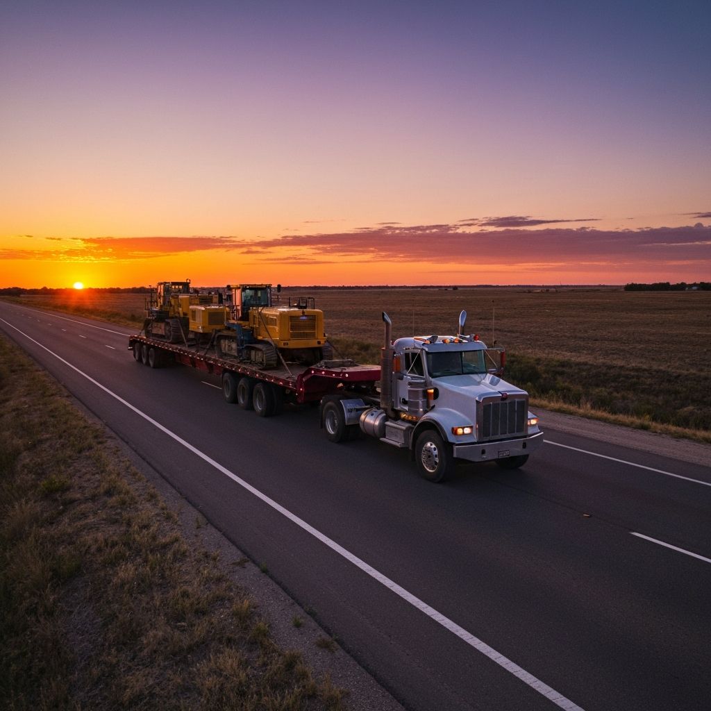 JDM Freight truck hauling heavy excavator on highway